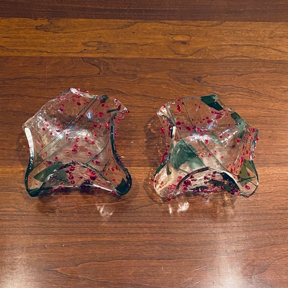 🎄🌟HP🌟Set of 2 Holly Art Glass Tealight Holders Christmas Décor by A Abrahams - Picture 7 of 10